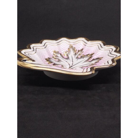 Vtg. APM Shell Dish Gold Leaf Accent 9" Pink White Gold Trim Hollywood Regency - Picture 8 of 8